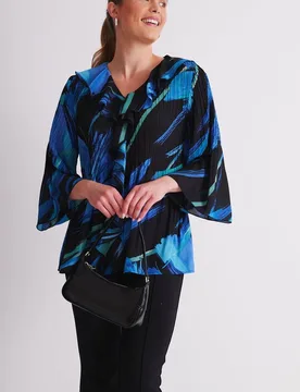 Women's Abstract Print Pleated Georgette Top in Blue Size: 18 - Blue - Size: 18 - Klass. - FashionsVida