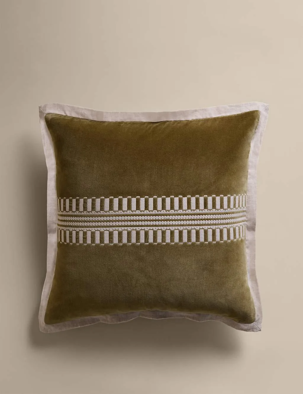 Pure Cotton Velvet Embroidery Panel Cushion Moss - M&S - FashionsVida