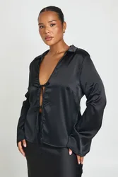 Womens Plus Satin Tie Front Long Sleeve Top - Black - Size 16 Uk