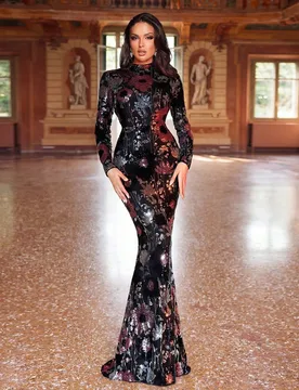 Vestido de Sirena con Lentejuelas de Manga Larga Glamuroso, Vestido Formal de Mujer con Cuello Alto y Espalda Descubierta para Vacaciones, Boda, Fiest - Shein - FashionsVida