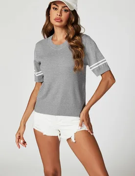 Women's Striped Detail Knitted T-Shirt with Crew Neck In Grey - Grey - Size: One Size - FS Collection - FashionsVida