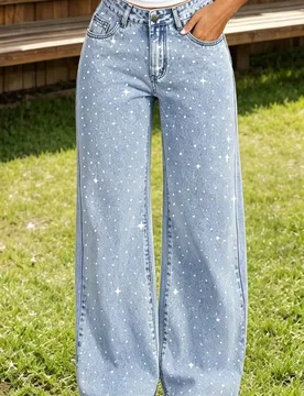 Jeans de mezclilla de pierna ancha y holgada con pedrería para adolescentes - Shein - FashionsVida