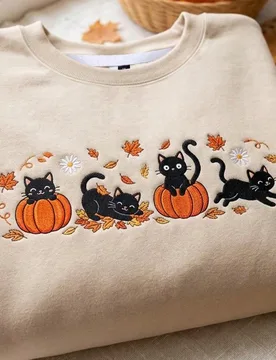 Sudadera de talla grande para mujer con bordado lindo de calabaza y gato negro, sudadera de cuello redondo acogedora para otoño, temporada espeluznan - Shein - FashionsVida