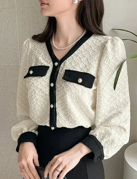 Blusa de manga larga con cuello en V y textura de color contrastante, ropa de otoño para mujer L - Shein - FashionsVida