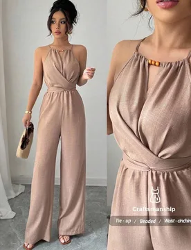 Mono largo informal de mujer para primavera/verano de tela arrugada caqui con escote halter, cuentas en la cintura, diseño con botones y cordón XXL - Shein - FashionsVida