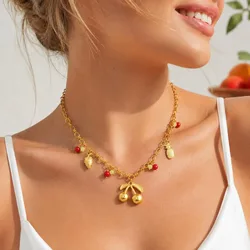 Charm Fruit Pendant Necklace, 18K Gold Plated Stainless Steel, Waterproof Golden Cherry Pineapple Non-Tarnish Jewelry