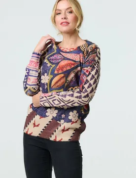 Women's Leaf Print Drop Shoulder Jumper in Blue Size: Medium/Large - Blue - Size: M/L - Izabel London - FashionsVida