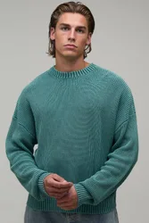 Herren Lässiger Säuregewaschener Rippstrick-Pullover Teal Größe XL