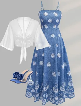 Conjunto de 2 piezas de moda para mujer talla grande, vestido floral de otoño de gasa con cárdigan, elegante y lindo estilo hada, cápsula para vaca - Shein - FashionsVida