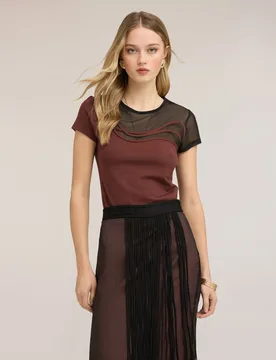 Camiseta de mujer bimaterial con bordado ajuste entallado con cuello redondo - Motivi - FashionsVida