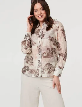 Women's Paisley Long Sleeve Collared Shirt in Beige Size: 8 - Beige - Size: 8 - Izabel London - FashionsVida
