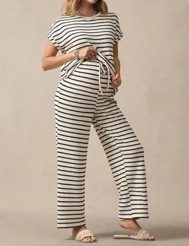 Set de 2 piezas Maternidad Top de manga corta a rayas y pantalones, prendas casuales de uso diario sencillas y XL - Shein - FashionsVida