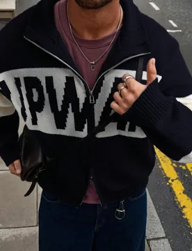 ANDREILEE Chaqueta de punto de manga larga con cuello medio alto, cremallera, estilo coreano, letras en inglés, corte holgado casual, versátil para - Shein - FashionsVida