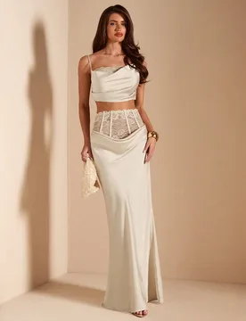 Conjunto de 2 piezas de falda de sirena de satén elegante con parches de encaje color albaricoque y camiseta sin mangas, falda elegante color albaric - Shein - FashionsVida