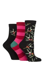 Women's 3 Pair Christmas Patterned Cotton Socks Holly & Stripes Black 4-8 - Black - Size: Small