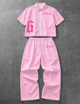 Conjunto casual diario para hombre con camisa de manga corta con patrón digital a rayas y pantalones largos con cintura con cordón XL - Shein - FashionsVida