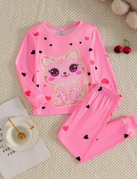 Piezas Conjuntos Otoño/Invierno Niñas Jóvenes Rosa Hada Vacaciones Pijama Brilla en la Oscuridad, Estampado Lindo Gato & Corazón Ajuste Ceñido To - Shein - FashionsVida