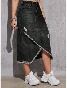 Falda midi de mezclilla lavada con flecos, elegante y de moda para mujer, de color negro, para primavera S - Shein - FashionsVida