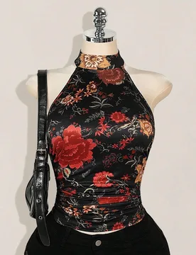 Blusa de verano con escote halter, estampado floral y espalda descubierta, estilo boho western country, para salir, para mujer talla grande, estilo Y2 - Shein - FashionsVida