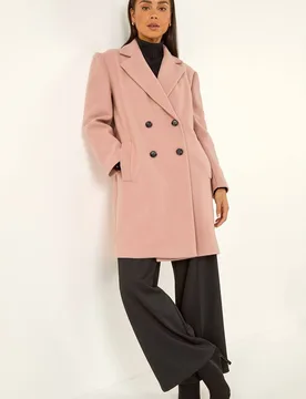 Women's Petite Double Breasted Revere Collar Coat in Light Pink Size: 14 - Light Pink - Size: 14 - Roman - FashionsVida