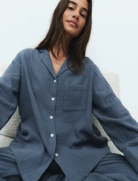 Cool Comfort™ Pure Cotton Muslin Pyjama Set Steel Blue female - M&S - FashionsVida