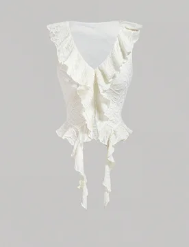 Top corto sin mangas de color blanco con volante ancho y dobladillo asimétrico, top tipo tank holgado y cómodo para mujer, estilo Bridgerton, para e - Shein - FashionsVida