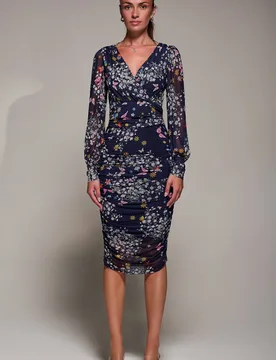 Women's Long Sleeve Ruched Mesh Midi Dress in Navy Size: 14 - Navy - Size: 14 - Jolie Moi - FashionsVida