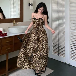 Vestido de mujer de estilo elegante con tirantes finos, cintura ceñida, estampado de leopardo y ribete de encaje, de largo medio, para otoño y veran