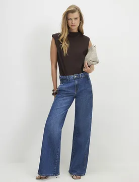 Womens Wide Leg Jeans Blue Tailored Button Cotton - Size 14 Long - River Island - FashionsVida