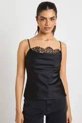 Womens Satin Lace Cowl Cami - Black - Size 16 Uk