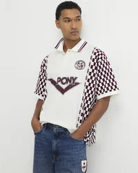 Mens Top White Oversized Check Print Polo Collared - Ecru Cotton - Size Large