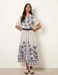 Tropical Palm Embroidery Dress - S / WHITE/NAVY - female
