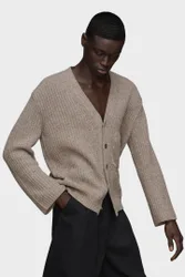 Cardigan Uomo Beige Melange in Lana Vergine e Cotone