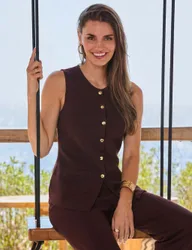 Crew Neck Button Detail Knitted Waistcoat Brown female