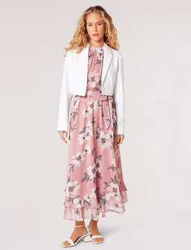 Women's Painterly Floral Shimmer Midi Dress in Pink Size: 18 - Pink - Size: 18 - Apricot - FashionsVida