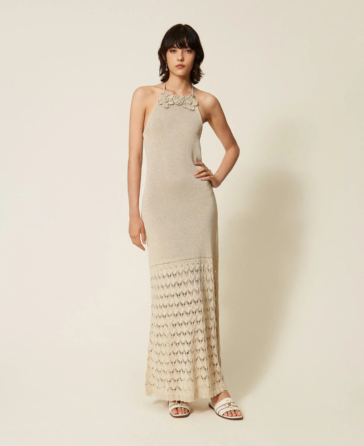 Robe longue en maille avec fleurs au crochet - TWINSET - FashionsVida