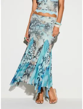 Falda Maxi con Estampado de Animales Mixto, Godet, Cintura Baja, Bajo Asimétrico, Fluida, de Malla, Estilo de Festival de Verano L - Shein - FashionsVida