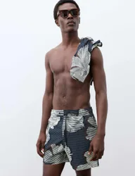 Pocketed Linear Floral Print Swim Shorts Nightshade male