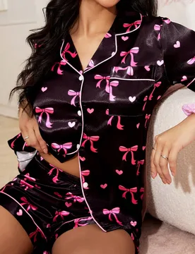 Conjunto de pijama de camisa y short para mujer con estampado de corazón y lazo L - Shein - FashionsVida