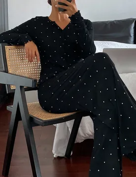 Set de pijama de 2 piezas con top de manga larga ajustado y pantalón recto con estampado de lunares para mujer, primavera XL - Shein - FashionsVida