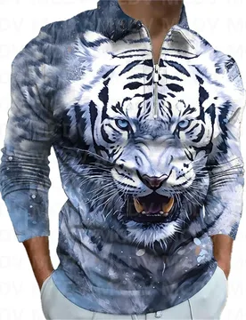 Men's Long Sleeve Zipper Polo Shirt Tiger 3D Printed Polo Long Sleeve T Shirt Casual Tops - Aliexpress - FashionsVida