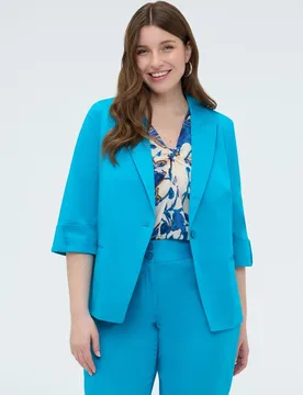 Blazer de mujer de mezcla de algodón con solapas mangas de tres cuartos con dobladillos y dos bolsillos en la parte delantera - Fiorella Rubino - FashionsVida