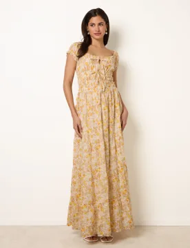 Double Front Tie Shirred Ditsy Floral Maxi Dress - S / YELLOW - female - Blue Vanilla - FashionsVida