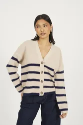 Stripe V-Neck Womens Fisherman Knit Cardigan - - Size: XL