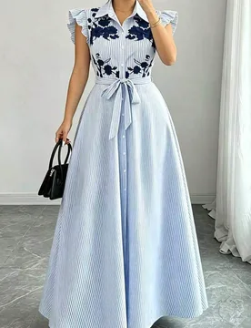 Blusa elegante de verano para mujer talla grande en azul y blanco, estilo europeo americano para ir al trabajo, con mangas acampanadas con volantes, c - Shein - FashionsVida