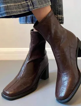 Botas de tobillo con tacón grueso vintage, elásticas y ajustadas, botas de tacón alto para mujer para ir al trabajo, botas y botines de otoño/invi - Shein - FashionsVida