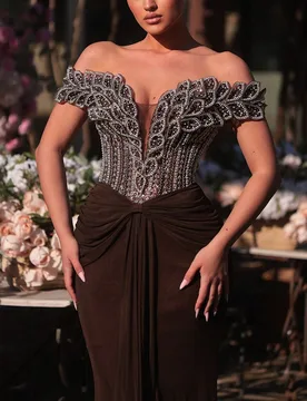 Elegante y lujoso vestido de sirena con hombros descubiertos, con pliegues, bordados, lentejuelas y cuentas. Adecuado para bodas, fiestas, vacaciones, - Shein - FashionsVida