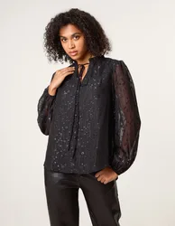 Womens Jacquard Button And Tie Front Blouse - Black - Size 8 Uk