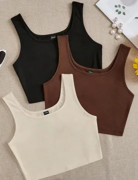 Set de 3 piezas de camisetas y tops sin mangas en colores negro, marrón y beige, de estilo minimalista y casual, adecuados para el verano, tallas gra - Shein - FashionsVida