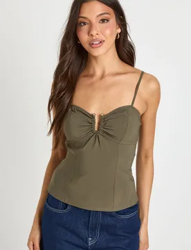 Womens Bengaline Metal Trim Strappy Corset Top - Green Viscose - Size 16 Uk - Boohoo - FashionsVida